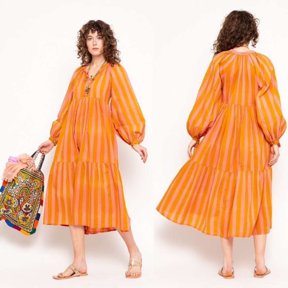 Matta Jaya Riviera Orange and Pink Striped Midi Dress, size S